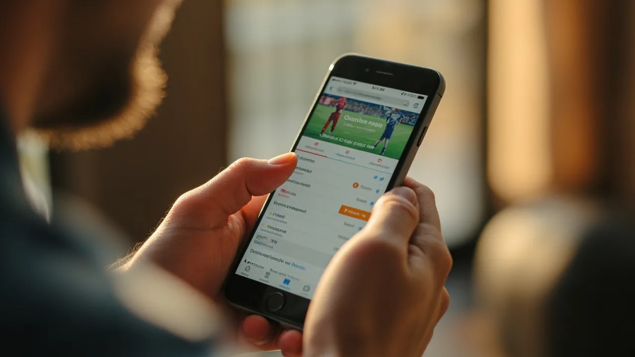 A close editorial frame of a reader's hands holding a smartphone inside a stadium seat, the screen showing a Player11 in-app alert banner above the contest lobby