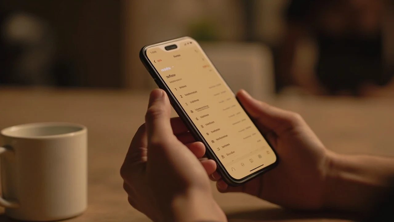 A close editorial frame of hands cradling a smartphone that shows a referral earnings list with several rows highlighted in muted amber, set on a clean desk beside a ceramic mug