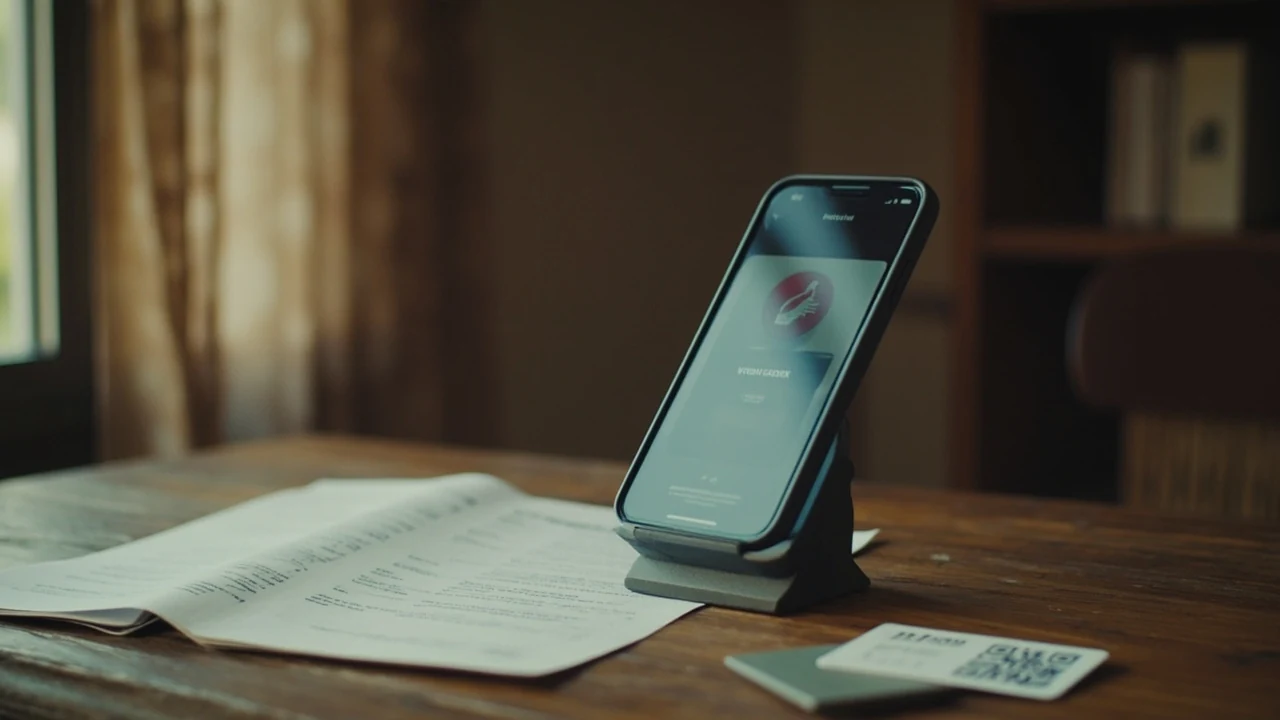 A medium scene of a wooden desk with a smartphone showing a wallet balance and a withdrawal arrow, beside a printed passbook and a small UPI QR card standing on the desk